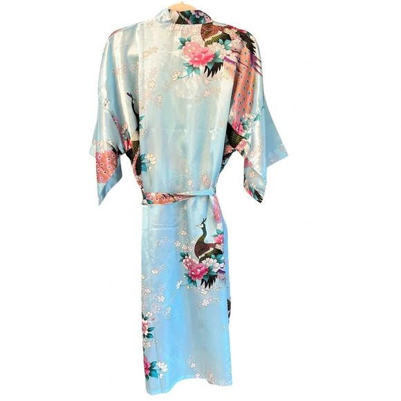 Vintage Sam Well Japanese Satin Floral Crane Kimono Robe Blue Pink One Size - Picture 4 of 4